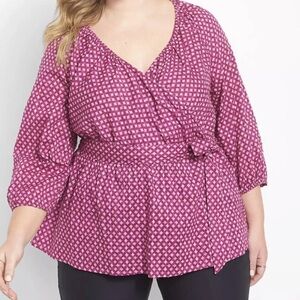 Lane Bryant Faux Wrap 3/4 Sleeve Peplum Top Purple / Pink 18 / 20